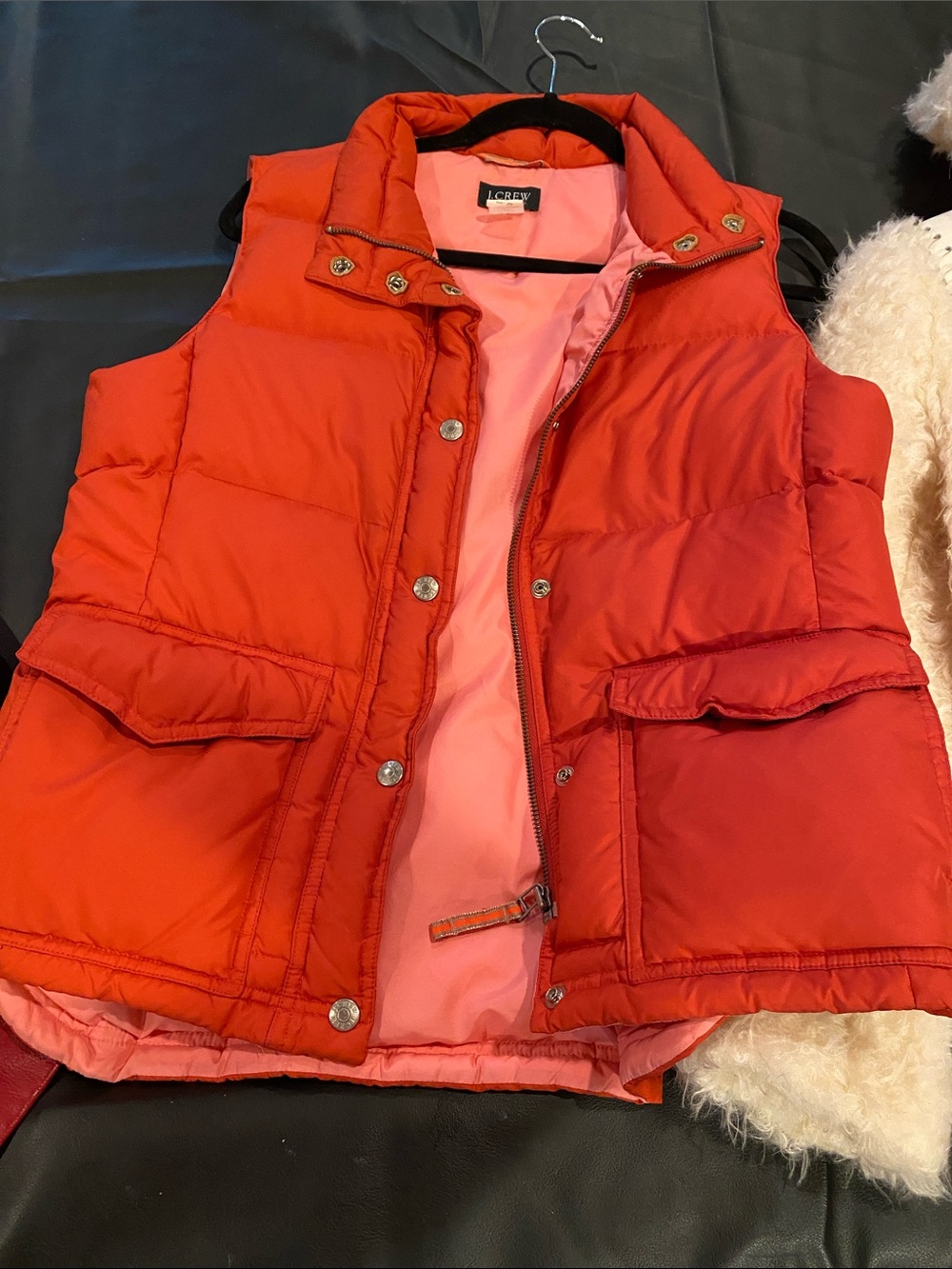 J. Crew Red Puffer Vest with Pink Lining